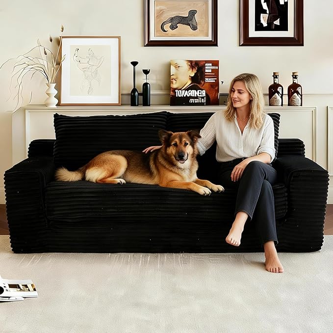 GNIXUU 71 Corduroy Cloud Loveseat Sofa 2 in 1 Convertible Black Boneless Sleeper Sofa with Fixed-Shape Frame Comfy Folding Love Seat Couches for Living Room Apartment Small Spaces