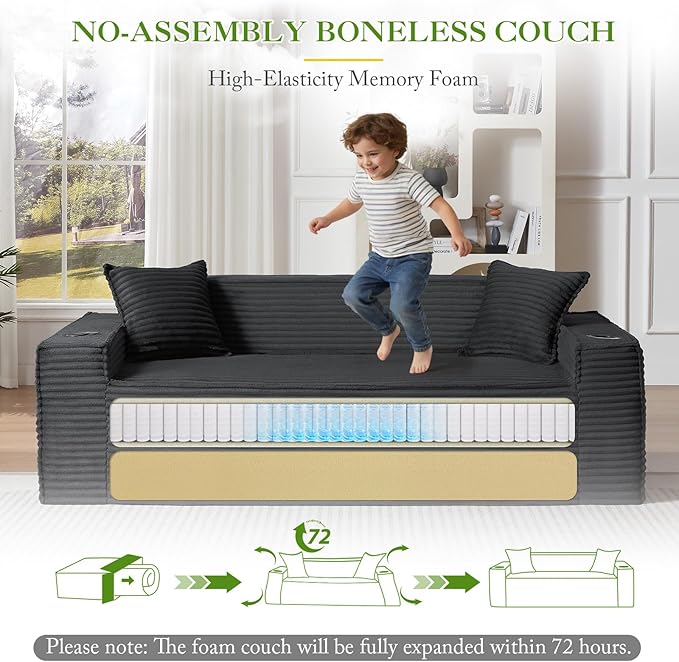 3 Piece Boneless Corduroy Sofa Set 43.3-Inch Accent Chair + 61-Inch Loveseat Sofa + 80.7-Inch 3-Seater Sofa with Cup Holder Modern Deep Seat Couch Set for Living Room Bedroom No Assembly Grey