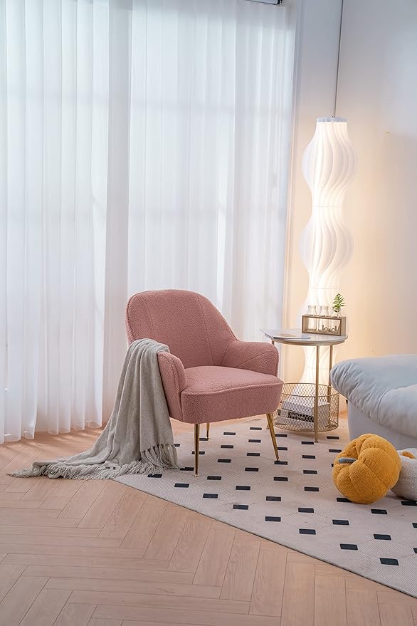 Modern Soft Teddy Fabric Pink Ergonomics Accent Chair Living Room Chair Bedroom Chair Home Chair with Gold Legs and Adjustable Legs for Indoor Home