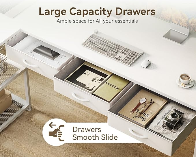 Casaottima L Shaped Desk Reversible Computer Desk with 3 Fabric Drawers 53 Corner Desk with Power Outlets&ampStorage Shelves White Desk with Movable CPU Stand Desk for Home Office