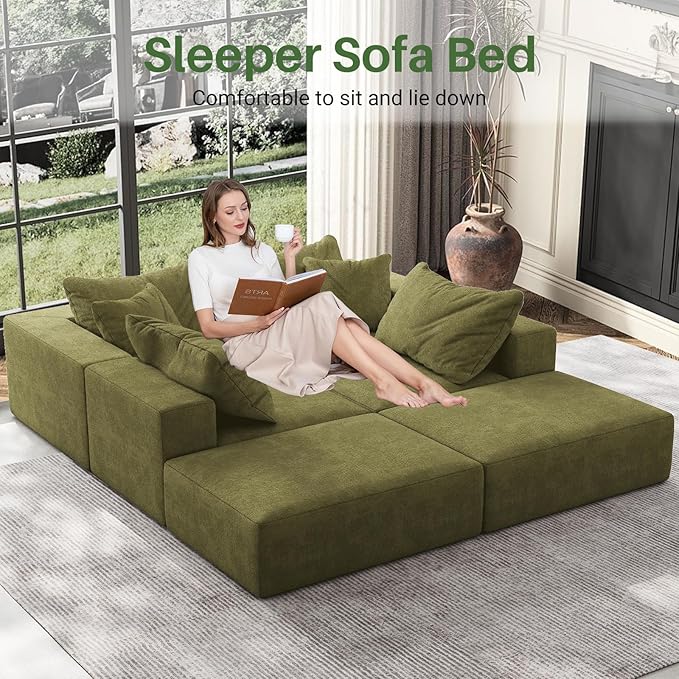 162 Oversized Cloud Couch Upholstered Modular Sectional Sofa with 6 Pillows Deep Seat Chenille Couches for Living Room Free Combination No Assembly Required (Green)