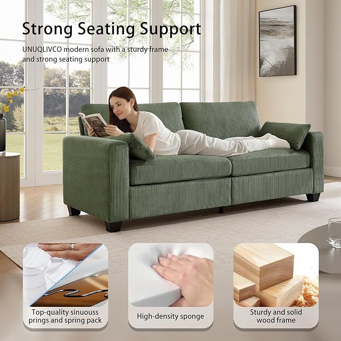 Modern Loveseat Sofa for Living Room Removable Cover Spring Cushions Solid Wood Frame Wide Armrest Corduroy Fabric Recliner Couches for Small Space (Green Corduroy 81 inch)