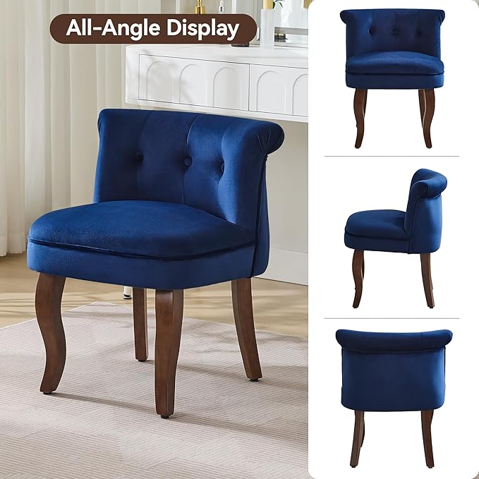 Velvet Vanity Chair with Back Tufted Upholstered Vanity Stool with Solid Wood Legs Mid Century Small Makeup Chair for Vanity Accent Chair for Bedroom Living Room Navy