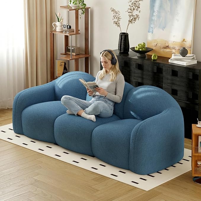 90.55 Inches 3-Seater Sofa Couch Modern Teddy Plush Boneless Sofa in a Box Soft Couches for Living Room Apartment No Assembly for Small Spaces Blue