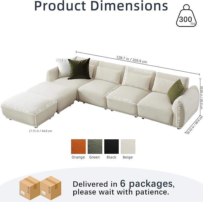 Sectional Sofa Couch Modern U Shaped Sectional Couch with Ottoman Modular Sectional Sofa Cloud Couches for Living Room (Beige 4 Set + 2 Ottoman)