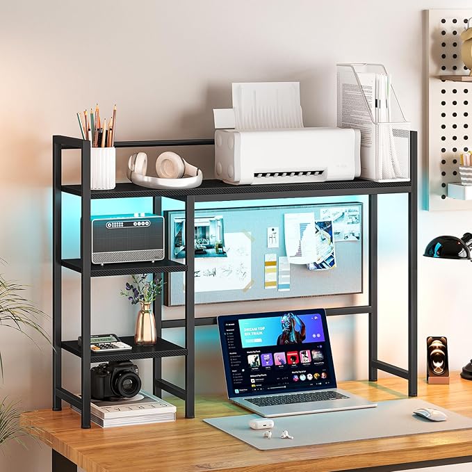 Snughome Desk Shelf with LED Strip 38.6 Desktop Organizer Shelf Desk Hutch for Computer Monitor 4 Tier Desk Display Rack Wood Desktop Bookshelf Storage Rack for Home Office Dorm