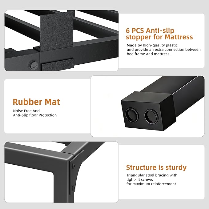 Full Size Bed Frame 6 Inch Metal Platform Bed Frames with Squeak Free U-Slot Design 6 Non-Slip Guards 3500lbs Heavy Duty Steel Slat Support No Box Spring Needed Under Bed Storage Black