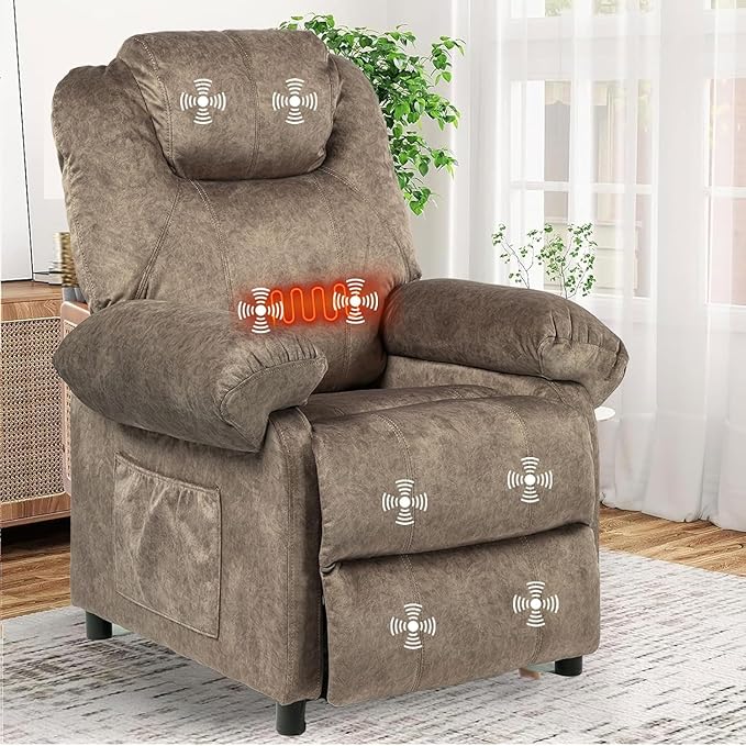Pushback Massage Recliner Chair with Heat Fabric Heated Small Massaging Reclining Chair Single Sofa for Adults Overstuffed Push Back Manual Recliner for Living RoomBrown