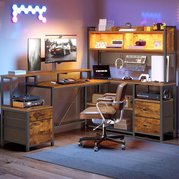 75inch L Shaped Computer Desk with Drawers Large Gaming Desk with LED Light &amp Power Outlets Corner Computer Desk with Storage Shelves &amp Monitor Stand for Home OfficeRustic Brown and Black