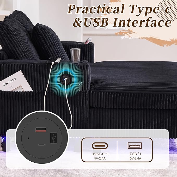 KEIKI 50 W Corduroy Oversized Recliner Single Sofa Couch with Deep Seat3 PillowsUSB ChargingCup Holder and Side Pocket