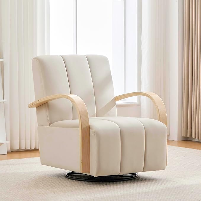 30.3 W Swivel Modern Boucle Upholstered Accent Chair with Solid Wood Armrests Comfy Lounge Reading Chair Side Armchair for Hotel Bedroom Living Room Office Nursery Room (Beige+PU)