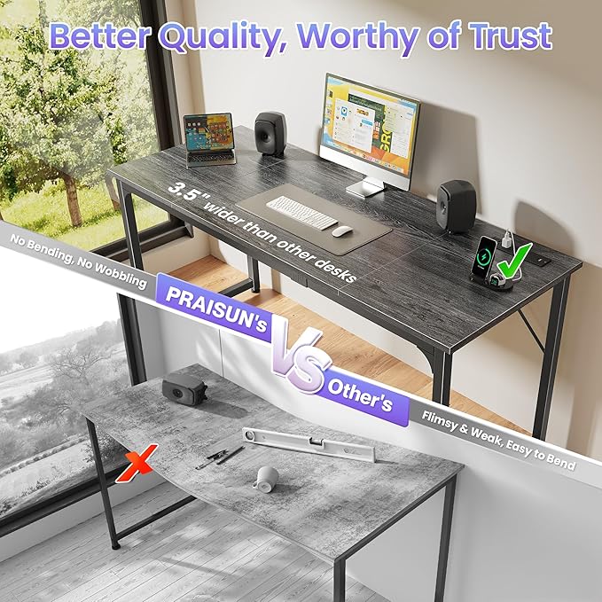 PRAISUN 63 X 24 Inch Office Computer Desk with Power Outlets and USB-C Port Larger and Longer Gaming Desk for Home Office Study Writing Work from Home Table Metal Frame Grey