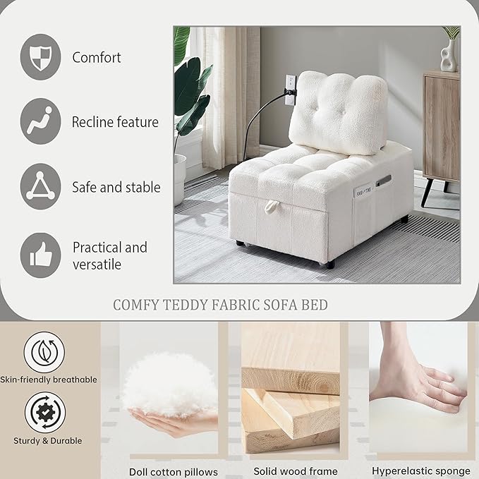 Modern Teddy Fabric Sofa Bed Futon3 in 1 Convertible Pullout Bed Couches with 3 Reclining BackrestsPhone StandSmall Sofa Single Sleeper Chair Bed for Living Room Bedroom (Beige)