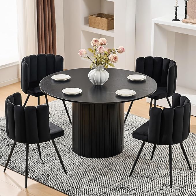 CLIPOP Living Room Barrel Accent Chair Modern Velvet Kitchen Dining Chair Vanity Chair with Metal Leg Scalloped Silhouette Cozy and Soft Padded Armless Leisure Makeup Chair for Bedroom Black