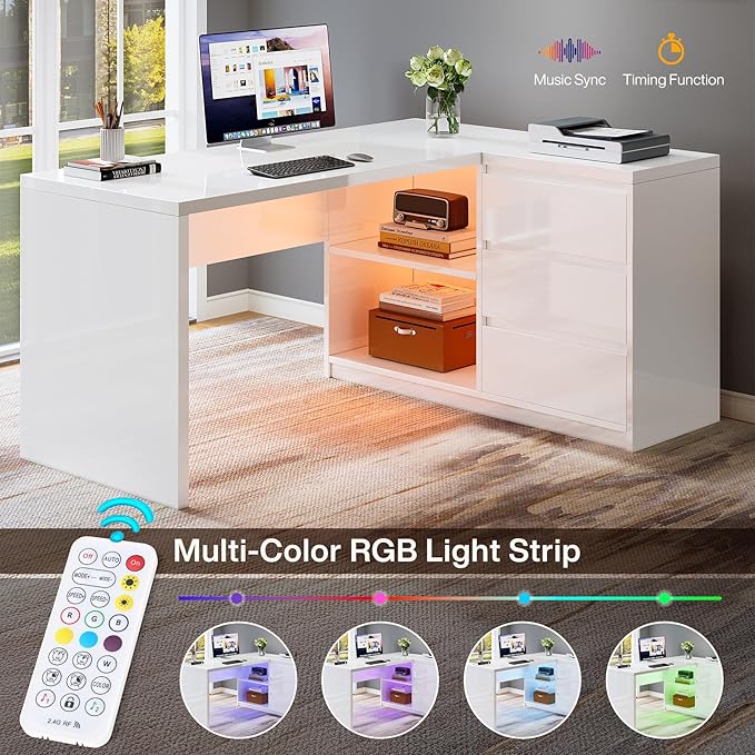 Tribesigns White L-Shaped Computer Desk with 3 Drawers 55-Inch Modern Gloss Corner Home Office Executive Desk with LED Lights and 2 Storage Shelves for Work Study Writing