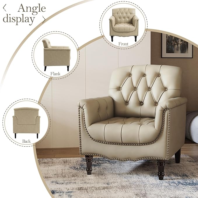 Pia Ricco Modern Tufted Accent Chair Single Faux Leather Armchair with Nailhead Trim &amp Wood Legs Comfortable Upholstered Seat for Living Room Office - Beige