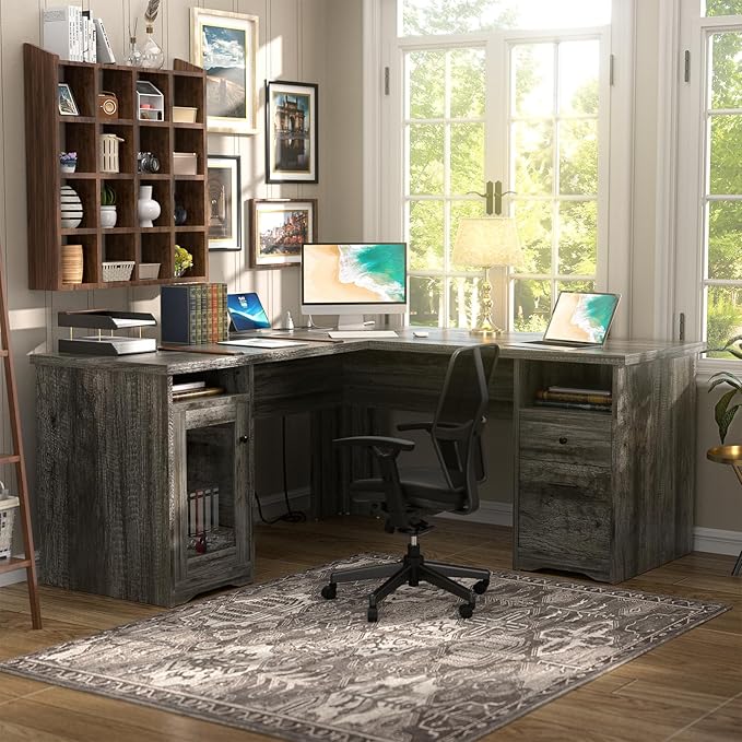Unikito L Shaped Desk with Drawers 60 Inch Corner Computer Desks with USB Charging Port and Power Outlet Large 2 Person Home Office Table with File Cabinet Black Oak