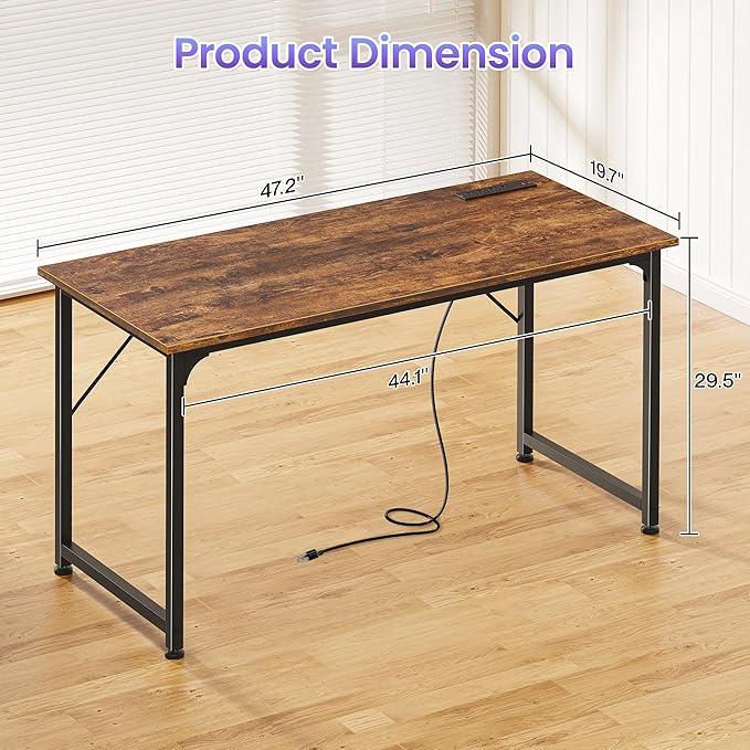 PRAISUN 47 X 20 Inch Office Computer Desk with Power Outlets and USB-C Port Larger Gaming Desk for Home Office Study Bedroom Writing Work from Home Table Metal Frame Rustic Brown