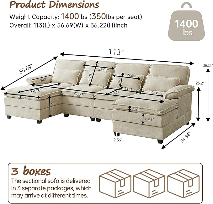 113 U Shaped Sectional Sofa Comfy Cloud Couch Chenille Sofa Sleeper Deep Seat Sofa with 4 Throw Pillows 4-Seater Double-Layer Modern Sofa for Living Room Beige