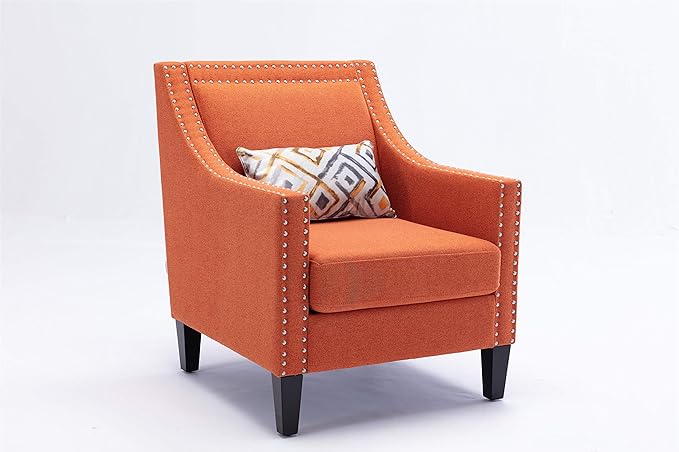 Accent Armchair Living Room Chair with Nailheads and Solid Wood Legs Orange Linen