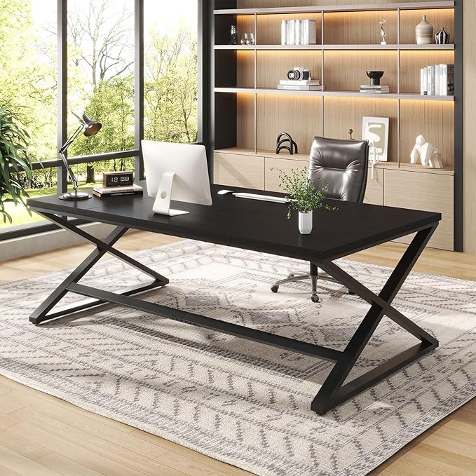 IBF Large Black Computer Desk 70.8” Long Writing Desk for Home Office Modern Simple Executive Work Study Desk for Two Person Wood Double PC Gaming Workstation Computer Table for Bedroom Black Oak