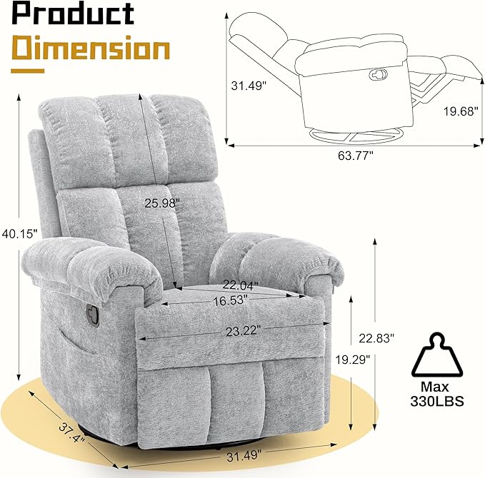 Recliner Chair Swivel Rocker Recliner Chair for Adults Small Recliners for Small Spaces Manual Recliner Chair with Side Pockets Nursery Rocking Chair for Living Room Chenille Silver Grey