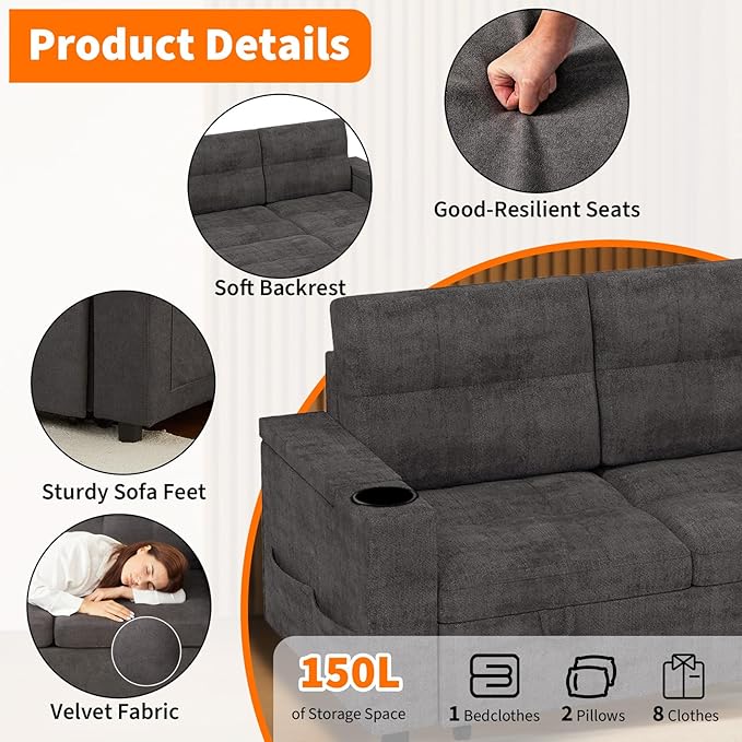 GarveeLife Couches for Living Room 84'' L-Shaped Sectional Sleeper Sofa with Pull Out Bed Comfy Sofa Bed with Charging Ports and Storage Armrests Dark Grey