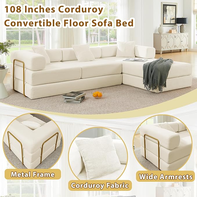 108 W Corduroy Modular Cloud Couch with Fixed-Shape Frame Oversized L-Shaped Sectional Sleeper Sofa Bed with Pull Out Bed No Assembly Modern Floor Boneless Couch for Living Room (Beige)