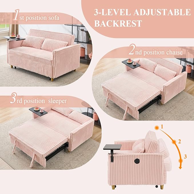 3 in 1 Pull Out CouchCorduroy Upholstered Convertible Sleeper Sofa Bed with Movable Side Table Modern Multifunctional Sofa with USB Port Cushioned Couch for Living Room (Pink)