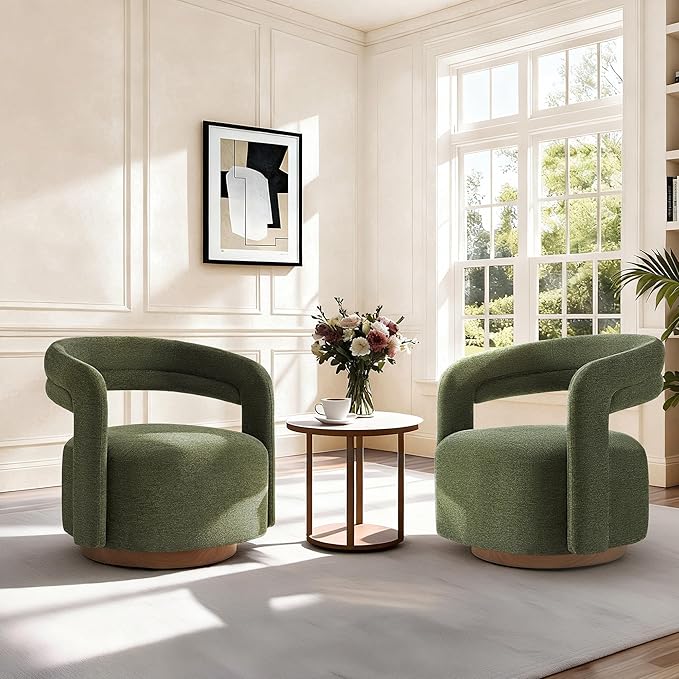 Swivel Accent Chair Set of 2 Upholstered Barrel Chair with Open Back Design Modern Arm Chair with Wooden Base for Living Room Bedroom Reading WaitingroomGreen