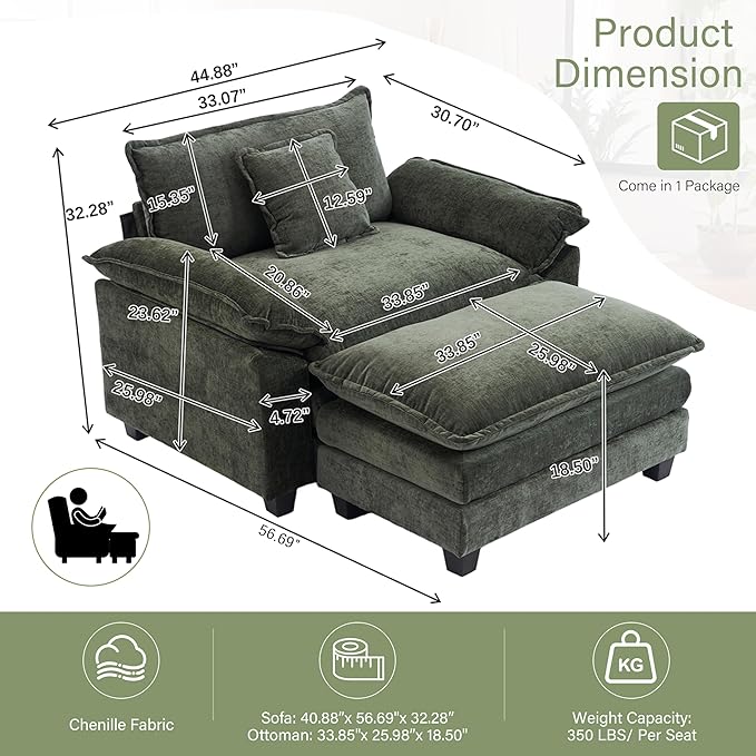 Winterstorm Chenille Oversized Chair with Ottoman - 44 W Large Comfy Accent Chair and Ottoman Set Modern Single Cloud Chaise Lounge for Indoor Living Room (Green)
