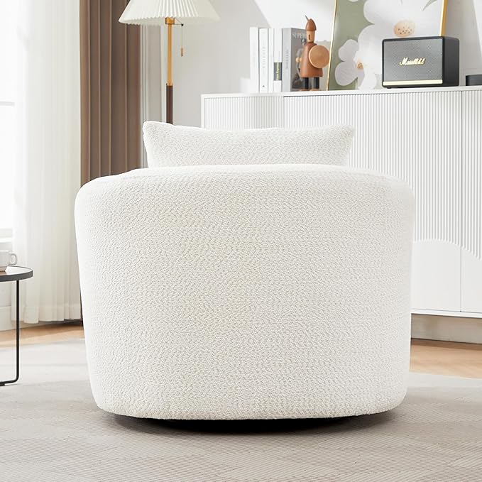360° Swivel Chair 38.2 Accent Chair Sofa Chenille Upholstered Swivel Barrel Sofa Chair with a Throw Pillow for Living Room Bedroom Office and Hotel (Beige@52)