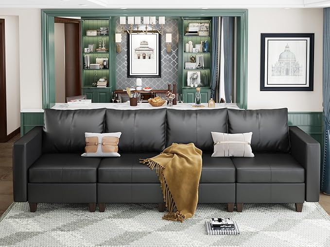 EASE MOOSE Modular Sectional Couch with Storage Seats 4 Seat Faux Leather Convertible Modular Sofa Sectional Sofa Couch with Reversible Chaises for Small Spaces Black
