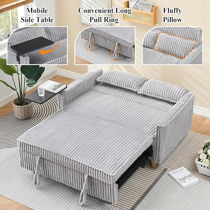 3 in 1 Pull Out CouchCorduroy Upholstered Convertible Sleeper Sofa Bed with Movable Side Table Modern Multifunctional Sofa with USB Port Cushioned Couch for Living Room (Gray)