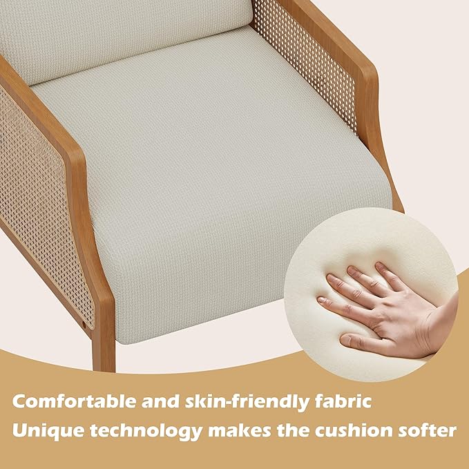 Aklaus Mid Century Accent Chair with Rattan Armrest Upholstered Living Room Chairs Lounge Fabric Reading Chairs Side Sitting Farmhouse Chair for Living Room Bedroom Balcony Beige