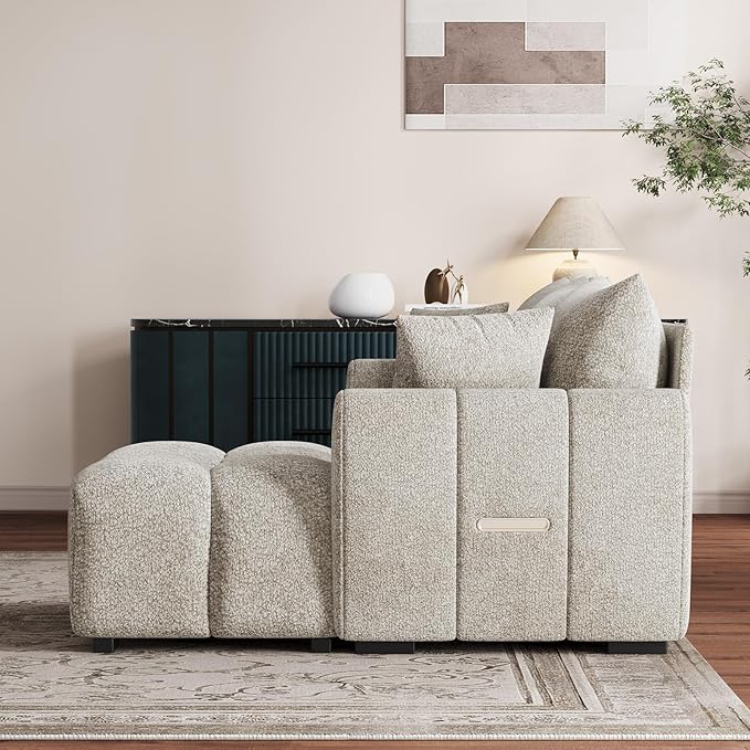 110 L Shaped Modern Boucle Sofa Modular Sectional Cloud Couch with Ottoman Tufted 4-Seat Deep Seat Sofa with Pillows for Living Room Bedroom and Apartment Light Brown