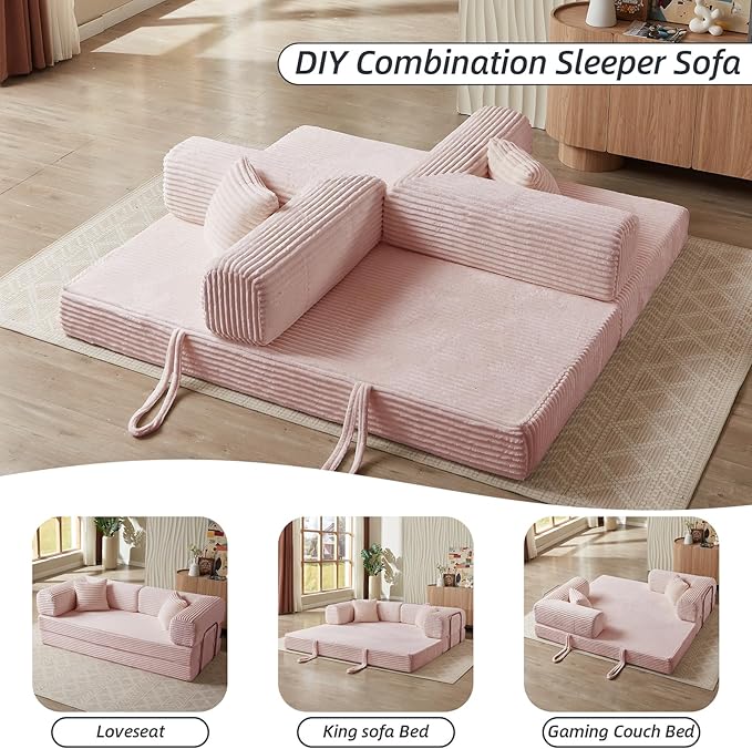 4-in-1 Convertible Folding Sleeper Sofa Bed Plush Corduroy Foldable Mattress Couch with Fixed-Shape Frame Floor Compressed Sofa for Living Room Bedroom (Pink)