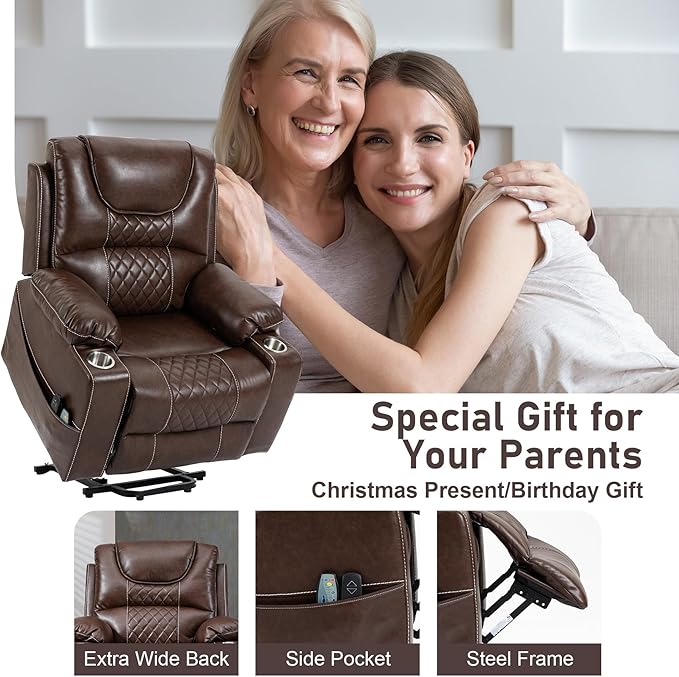 Oversized Power Lift Recliner Chair 400 LBS for Big and Tall Elderly 26 Extra Wide Zero Gravity Electric Recliner Chair with Massage and Heating Leather Home Theater Seat Brown