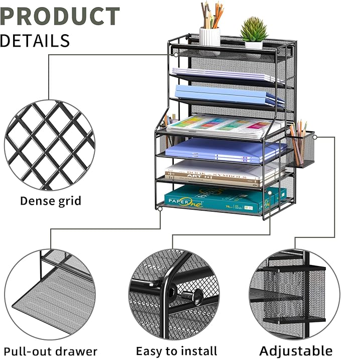7 Tier Desk File Organizer – Vertical File Organizer for Desk with Removable Pen Holder &amp Adjustable Pull-out Drawer – Metal Document Organizer for Office Simple Trending Design – Black