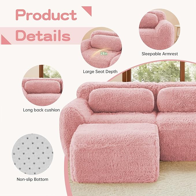 80 Sectional Couches for Living Room Comfy Boneless Couch 2 Seater Cloud Sofa Compressed Loveseat with 2 Ottomans Modern Love Seat in a Box Fluffy Plush Floor Couch No Assembly (Pink)