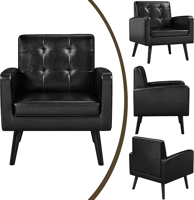 Topeakmart Mid Century Accent Chair Modern and Cozy PU Leather Barrel Sofa Chair with Thick Cushion and Sturdy Wood Legs for Living Room/Bed Room/Office Waiting Area Black