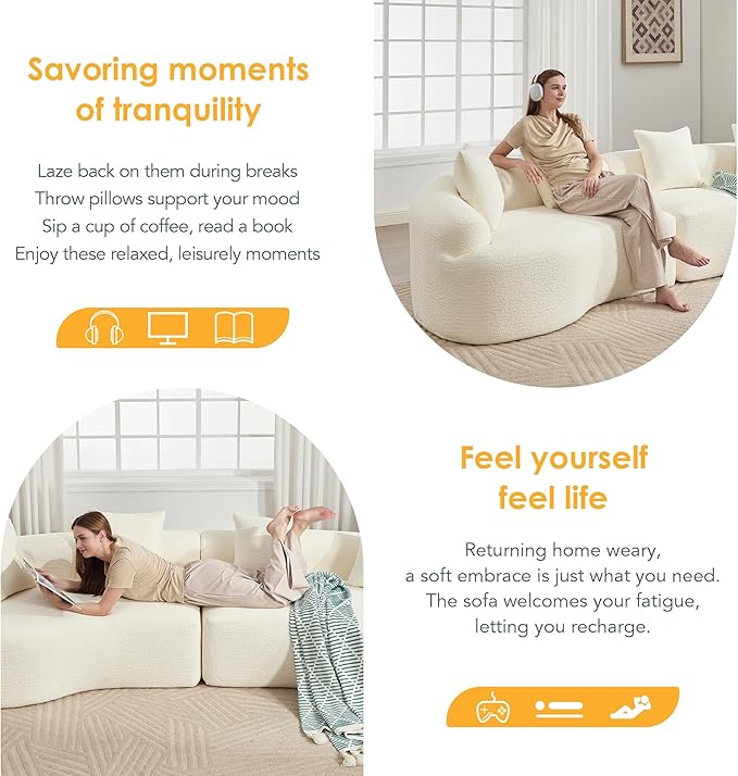 Oversized Sectional Sofa for Living Room 110 Modern Luxury Chenille 4-Seater Extra Deep &amp Wide Seat Curved Cloud Couch with 4 Throw Pillows No Assembly Needed Cream White