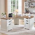 RedLemon 60 Farmhouse L Shaped Executive Desk with Drawers Wood Home Office Corner Desk with Charging Station File Drawer Storage Cabinet Rustic Computer Writing Desk (Antique White)