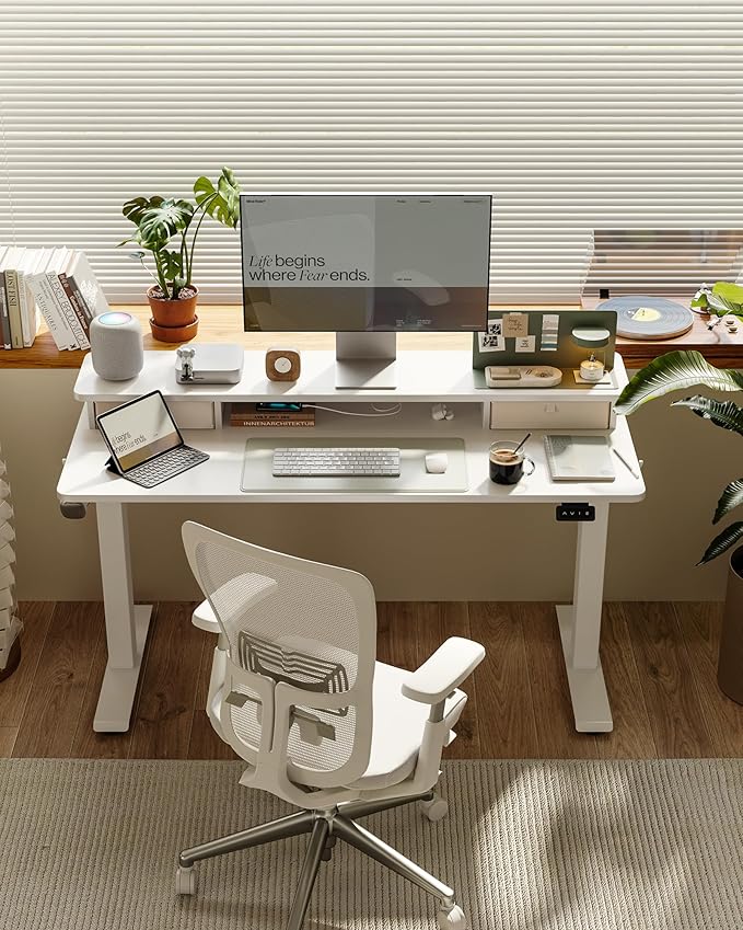 FEZIBO 48 x 24 Inch Height Adjustable Electric Standing Desk with Double Drawer Computer Desk Home Office Stand Up Table with 4 Height-Adjustable Feets &amp 2 Hooks White