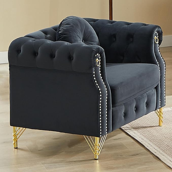 ERYE 37-Inch Chesterfield Button Tufted Single Sofa with Round Pillow Single Seat Velvet Tufted Sofa W/Nailhead DecorRing Accent &amp Golden Legs