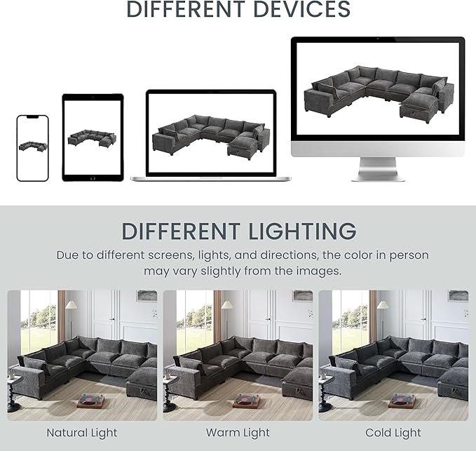 Merax Modern Oversized U-Shaped Sectional Sofa with Piollows &amp Chaise Lounge Chenille 7-Seat Couch Set Sleeper Bed with Storage Ottoman for Living Room Gray