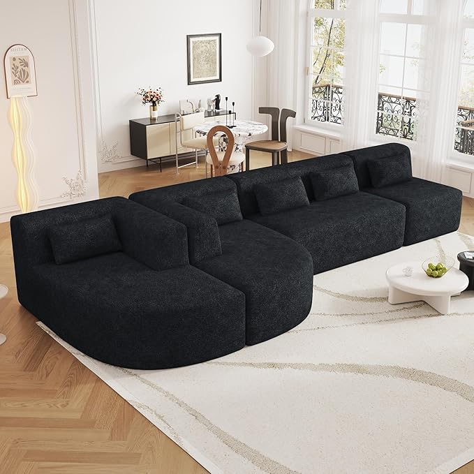 P PURLOVE Modular Sectional Sofa 4 Free Combined Couch Boucle Fabric Modern Upholstered Sofa with 2 Chaise Lounge and 5 Back Pillows for Living Room Office Apartment (Black)