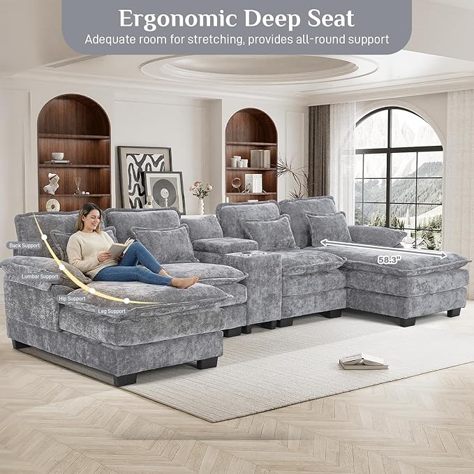 133 Oversized U Shaped Cloud Couch Modular Sectional Couches for Living Room Comfy Chenille Deep Seat Sofa Set with Double Chaise Lounge Storage Central Console Cup Holders USB Port Light Grey