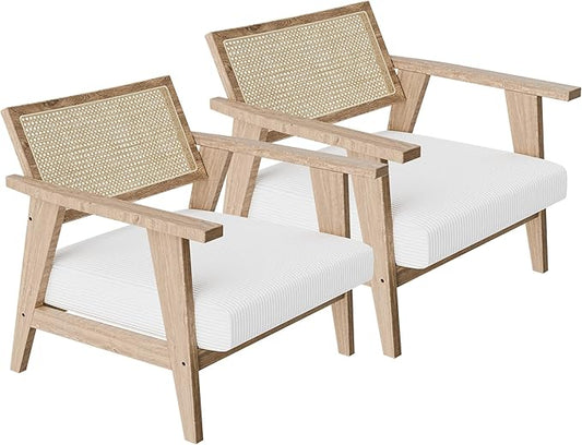 BELLEZE Mid Century Modern Rattan Chair Set of 2 Accent Natural Wood Armchair with Upholstered Seat and Cane Back Boho Retro Lounge Chair for Living Room Bedroom Office