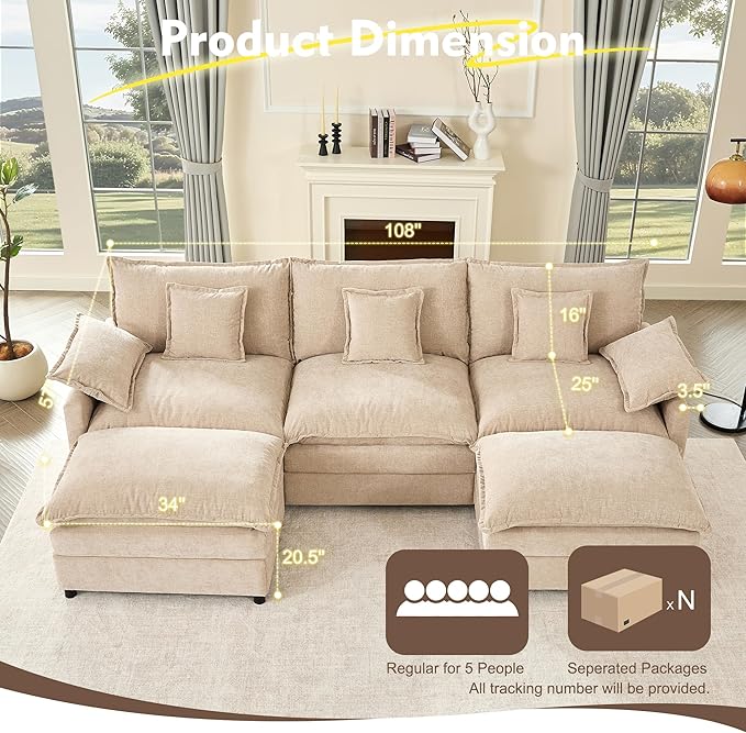 108 U Shaped Couch Modular Sectional Sofa 3-Seater Comfy Cloud Couch Set of Modular Pieces with Movable Ottoman Deep Seat Couches for Living Room Chenille Flat White